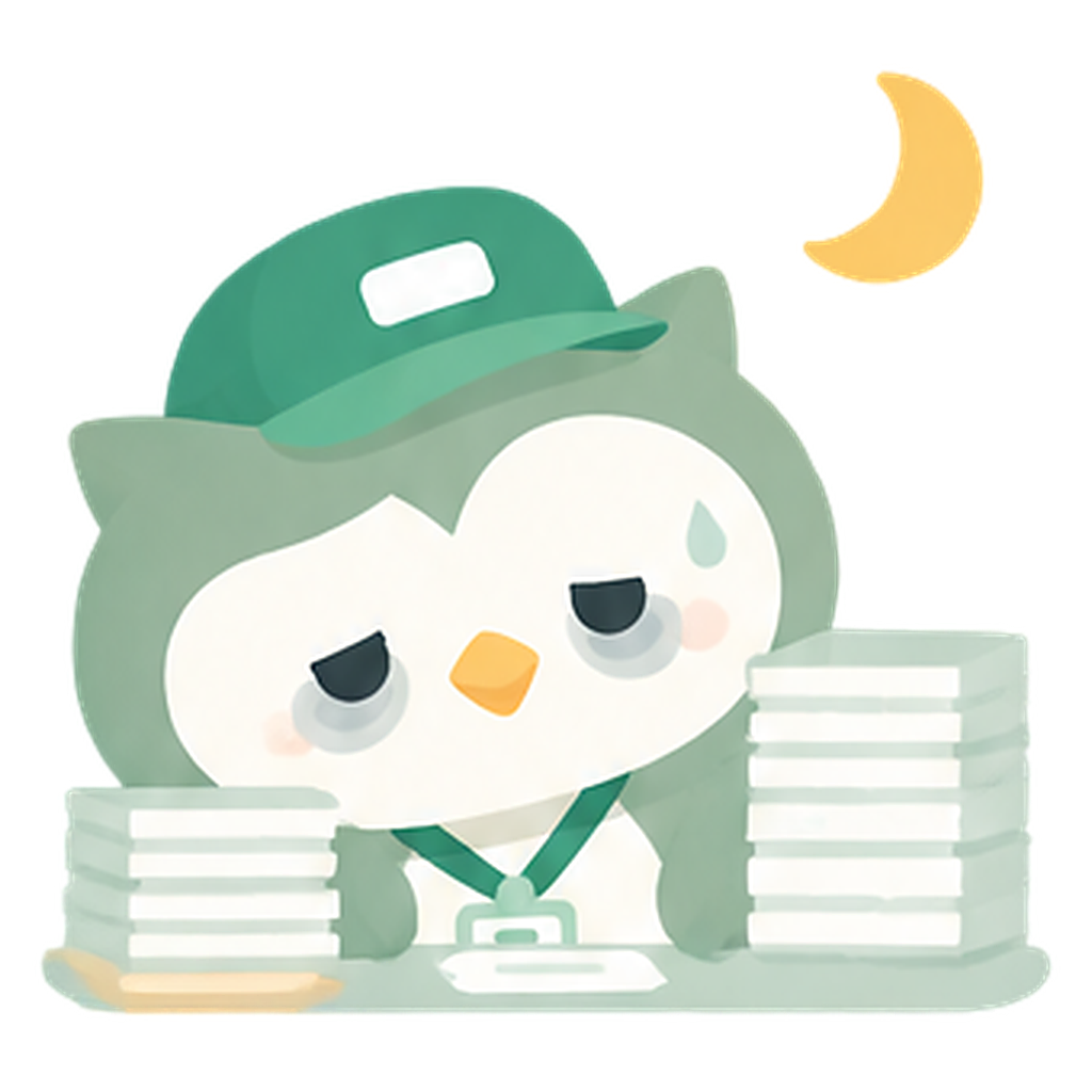 書類の山の前で疲れているAI店長